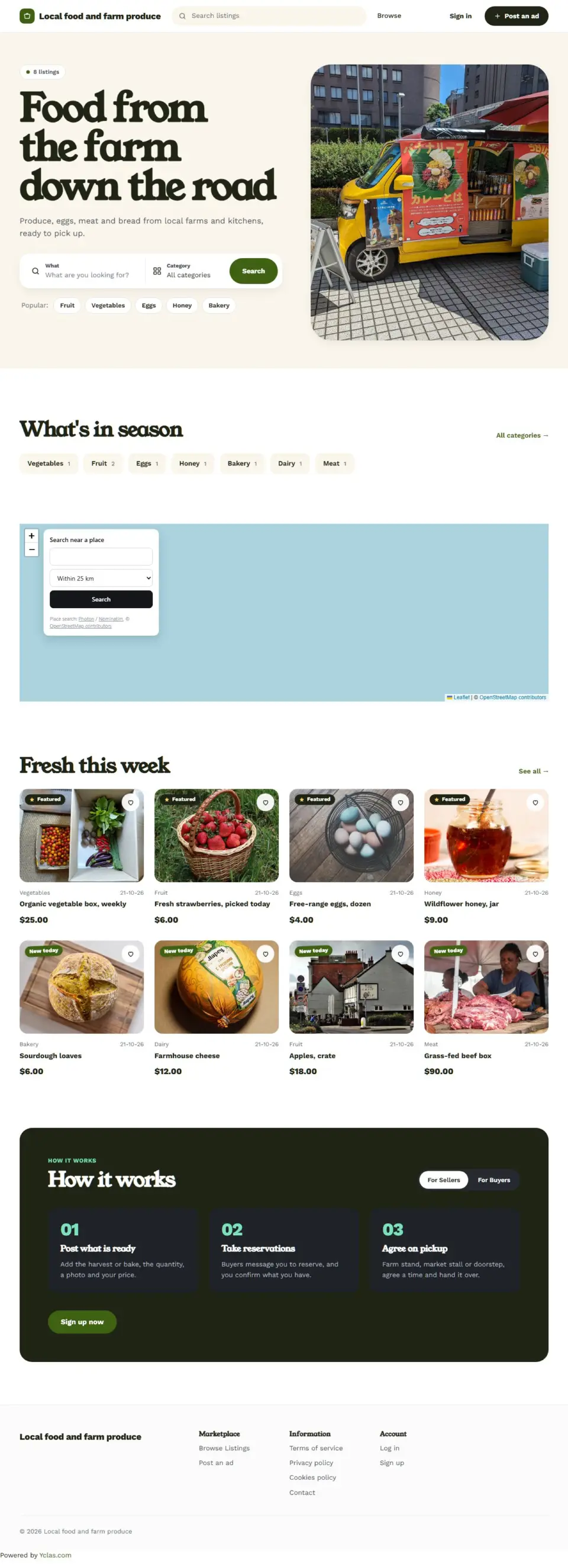 The Harvest template, home page filled in with sample listings