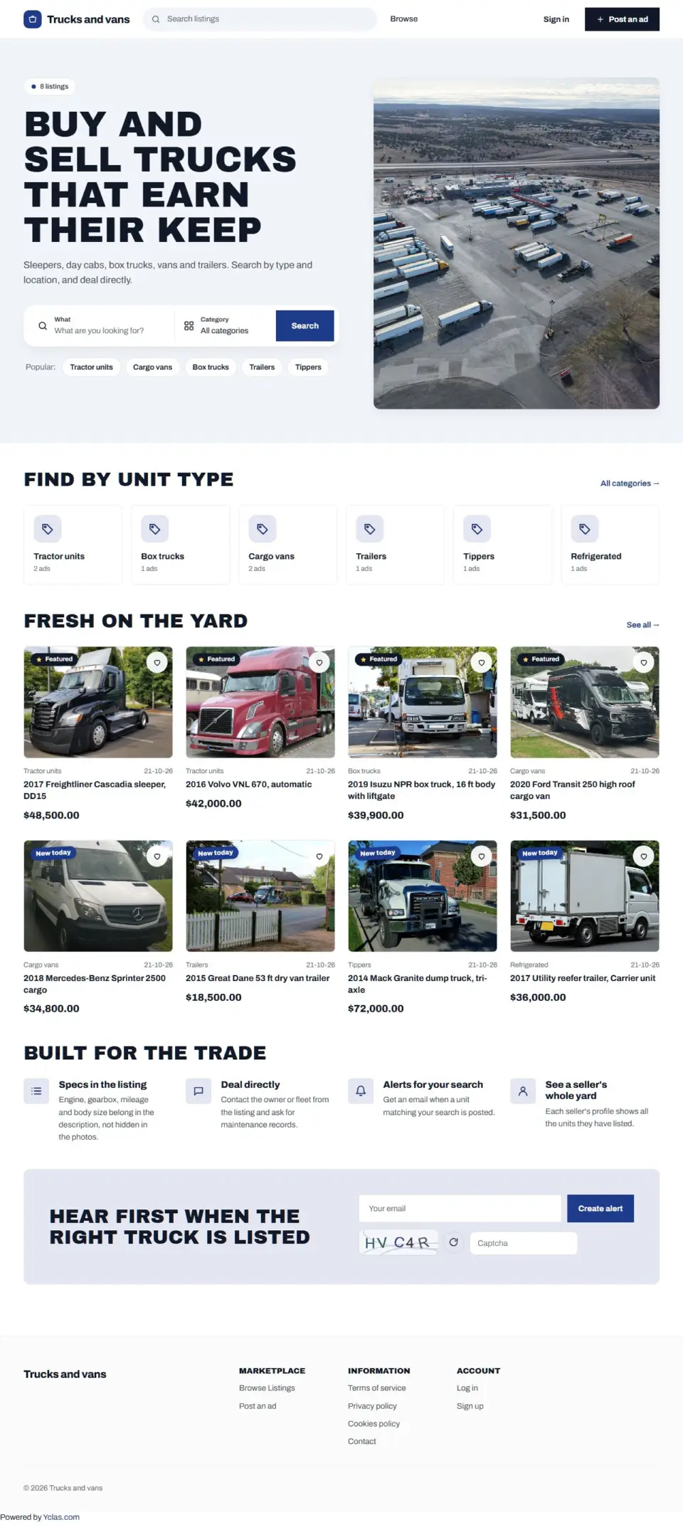The Haulage template, home page filled in with sample listings