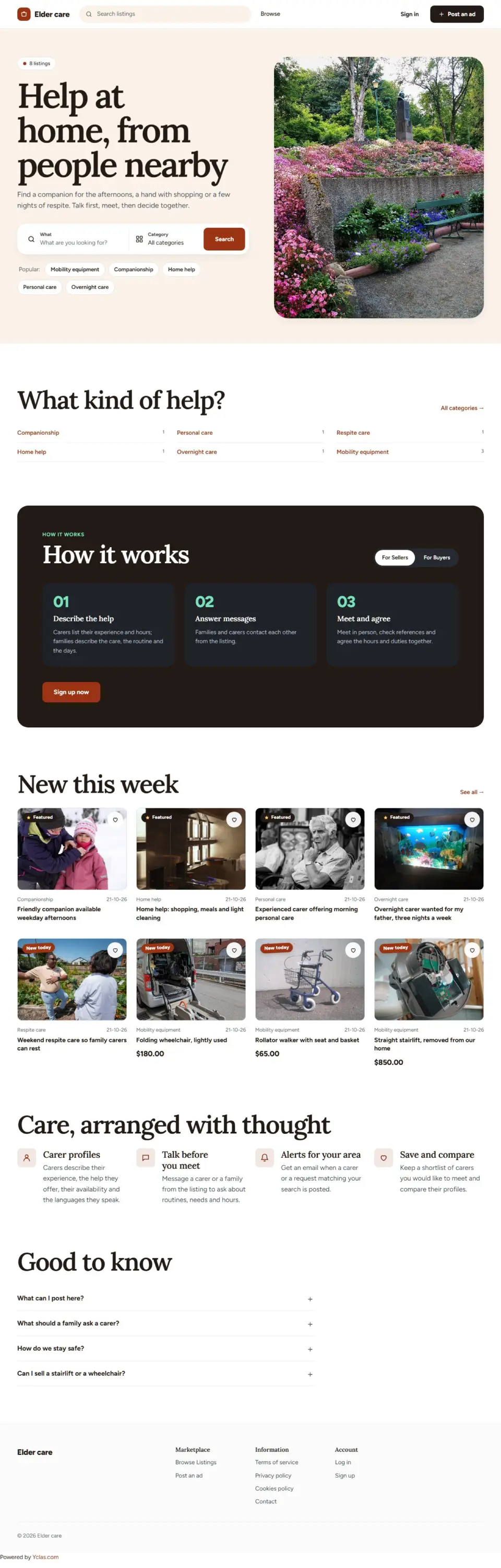 The Hearth template, home page filled in with sample listings