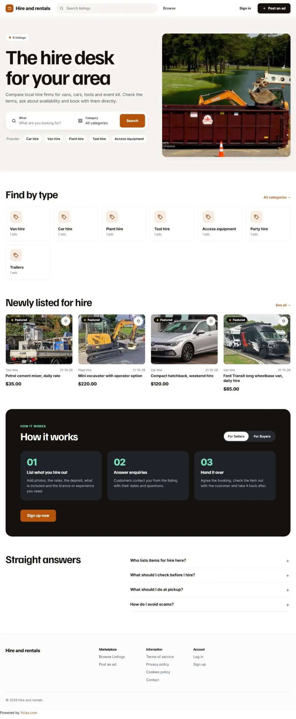 The Hire Desk template, home page filled in with sample listings