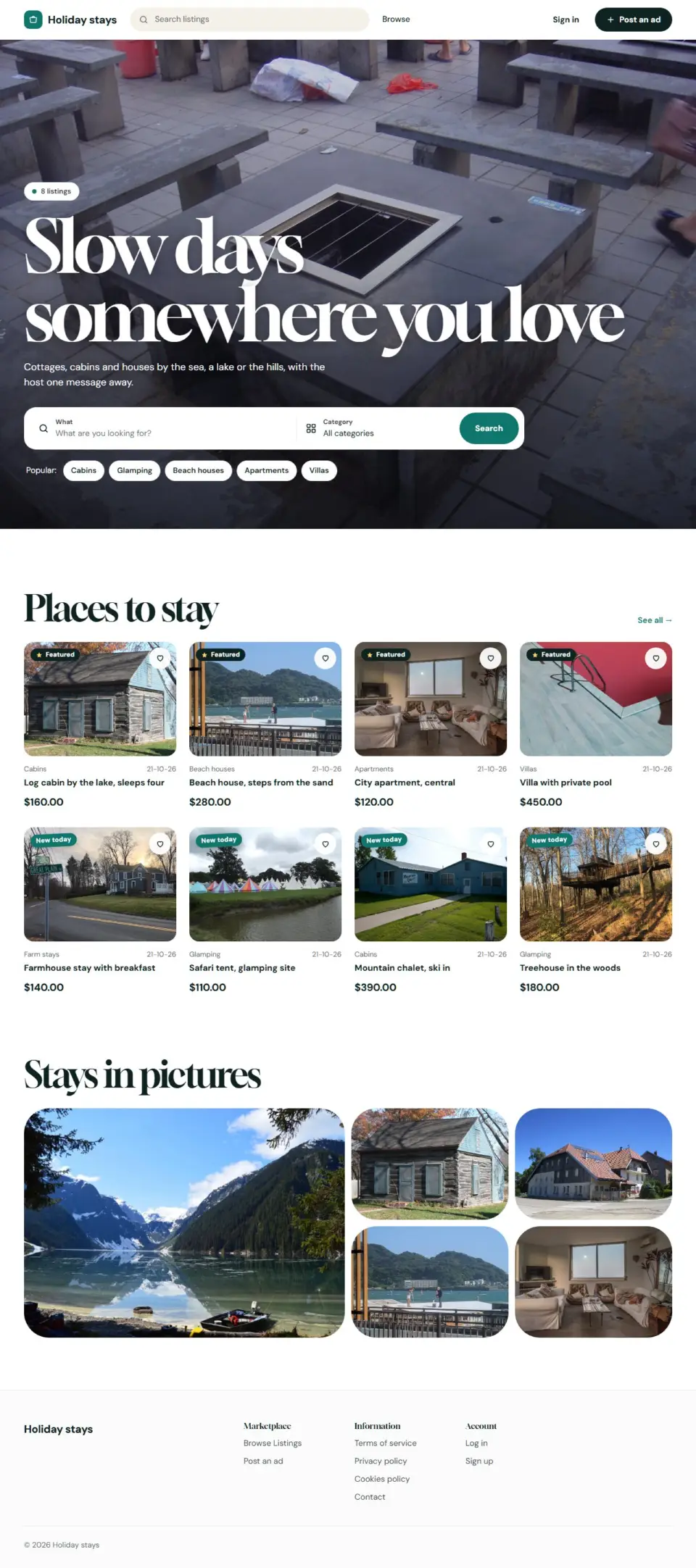 The Holiday template, home page filled in with sample listings