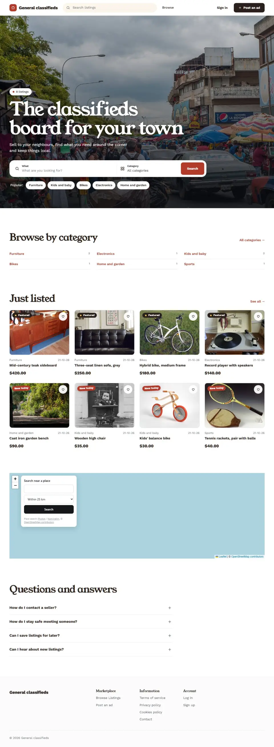The Hometown template, home page filled in with sample listings
