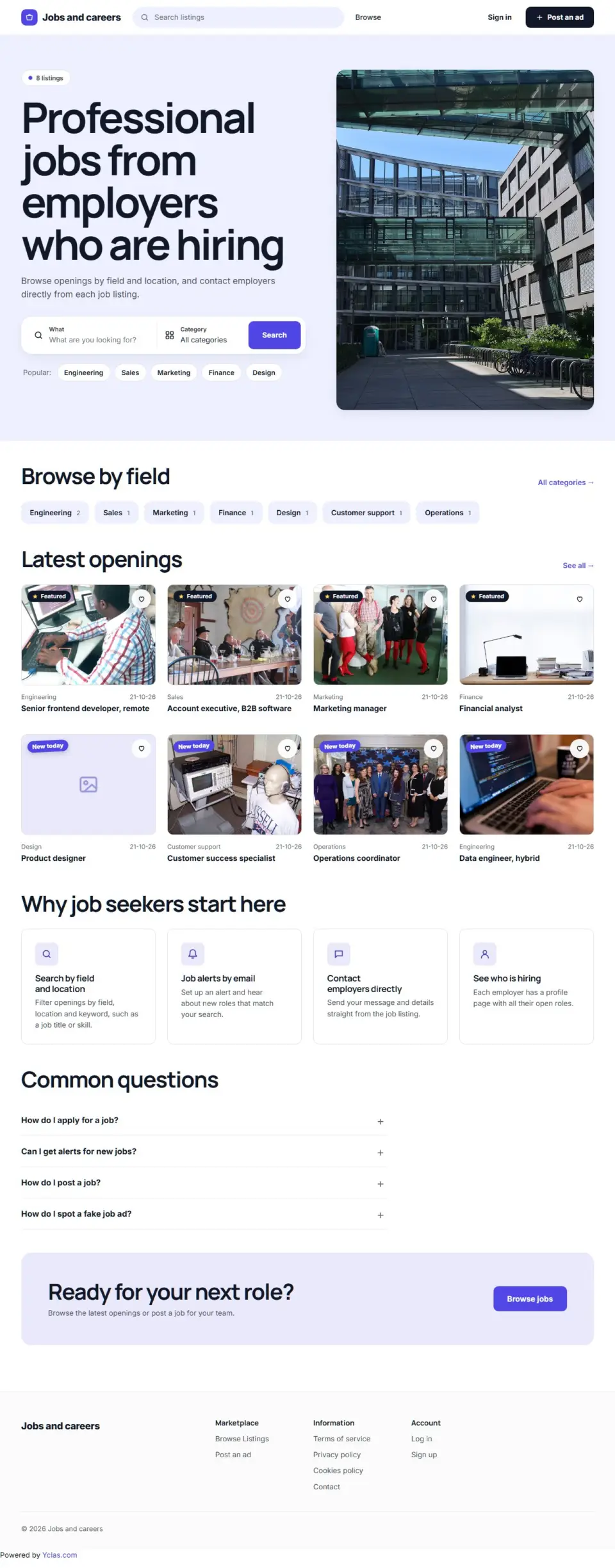 The Jobs template, home page filled in with sample listings