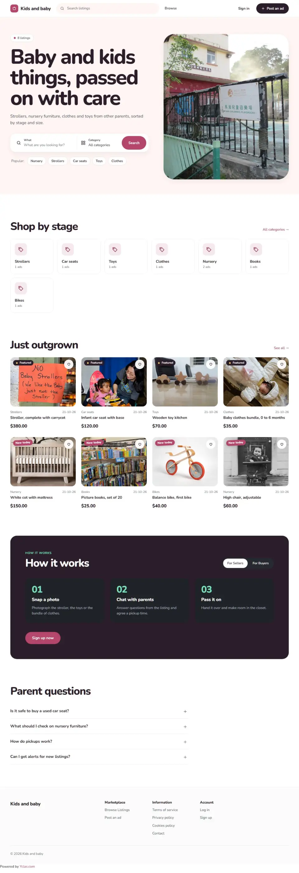 The Little Ones template, home page filled in with sample listings