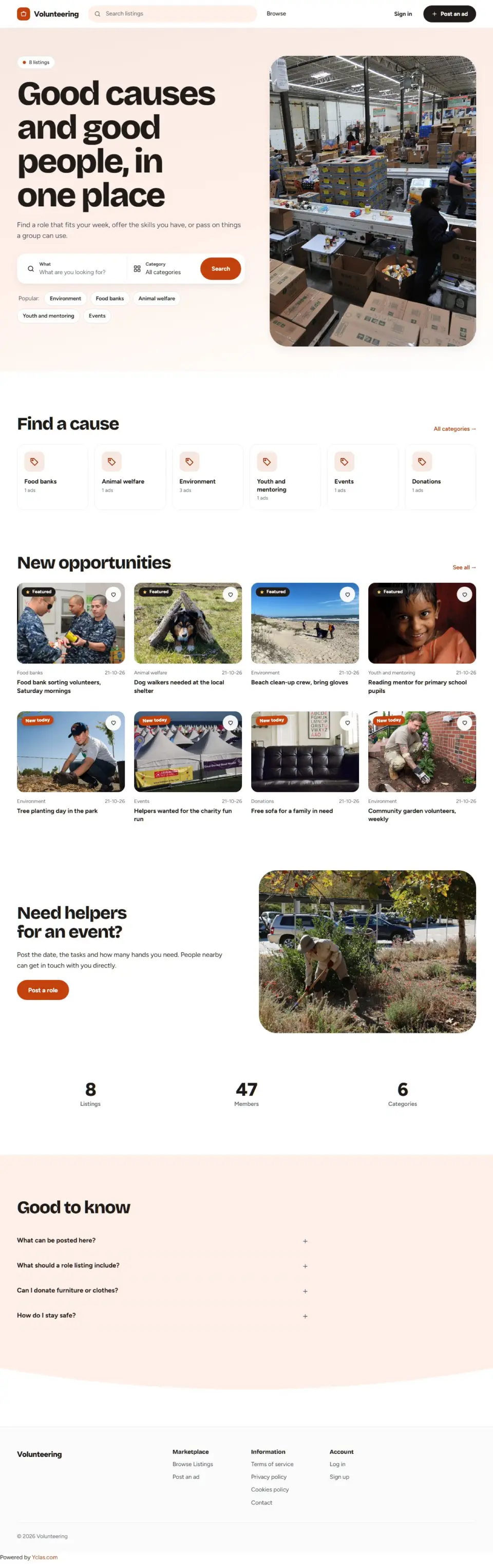 The Kindred template, home page filled in with sample listings