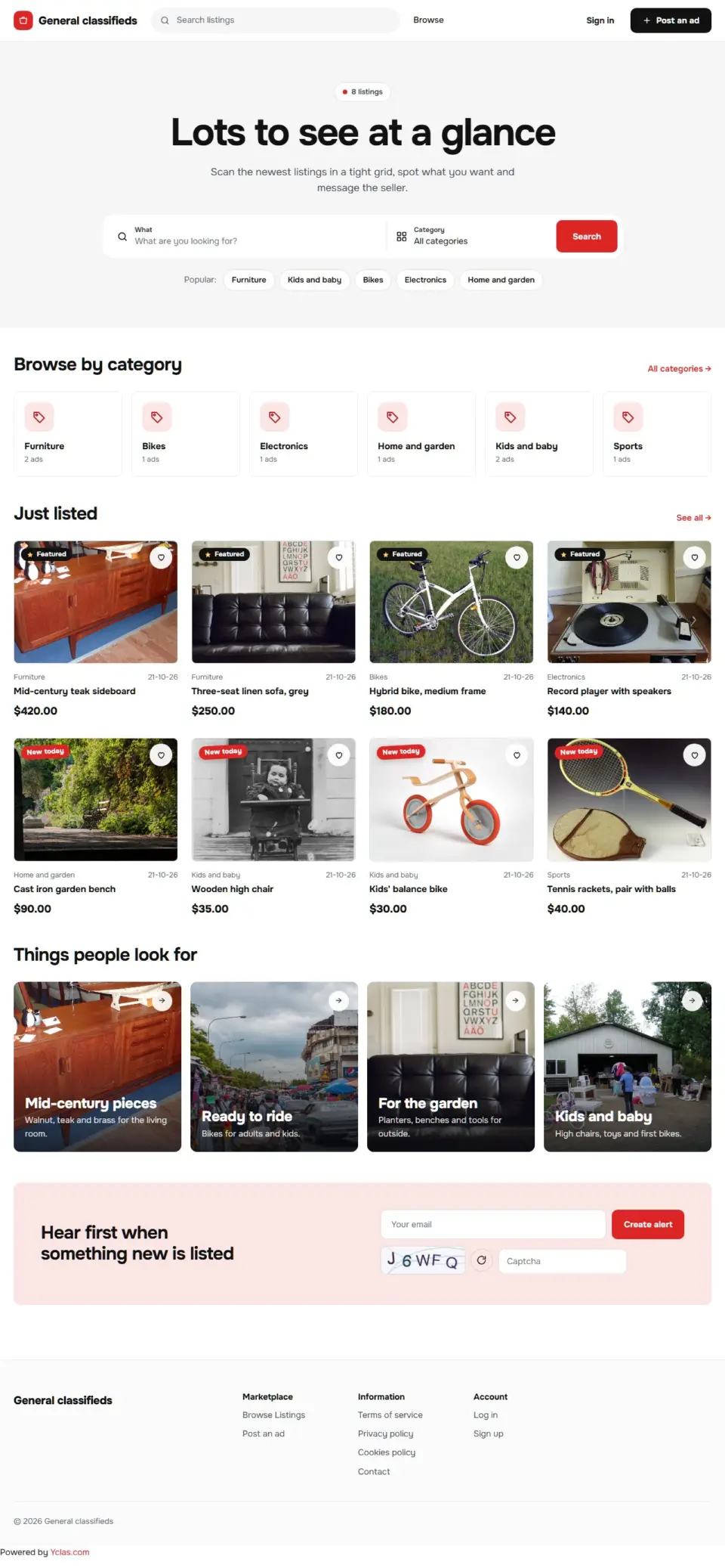 The Kiosk template, home page filled in with sample listings