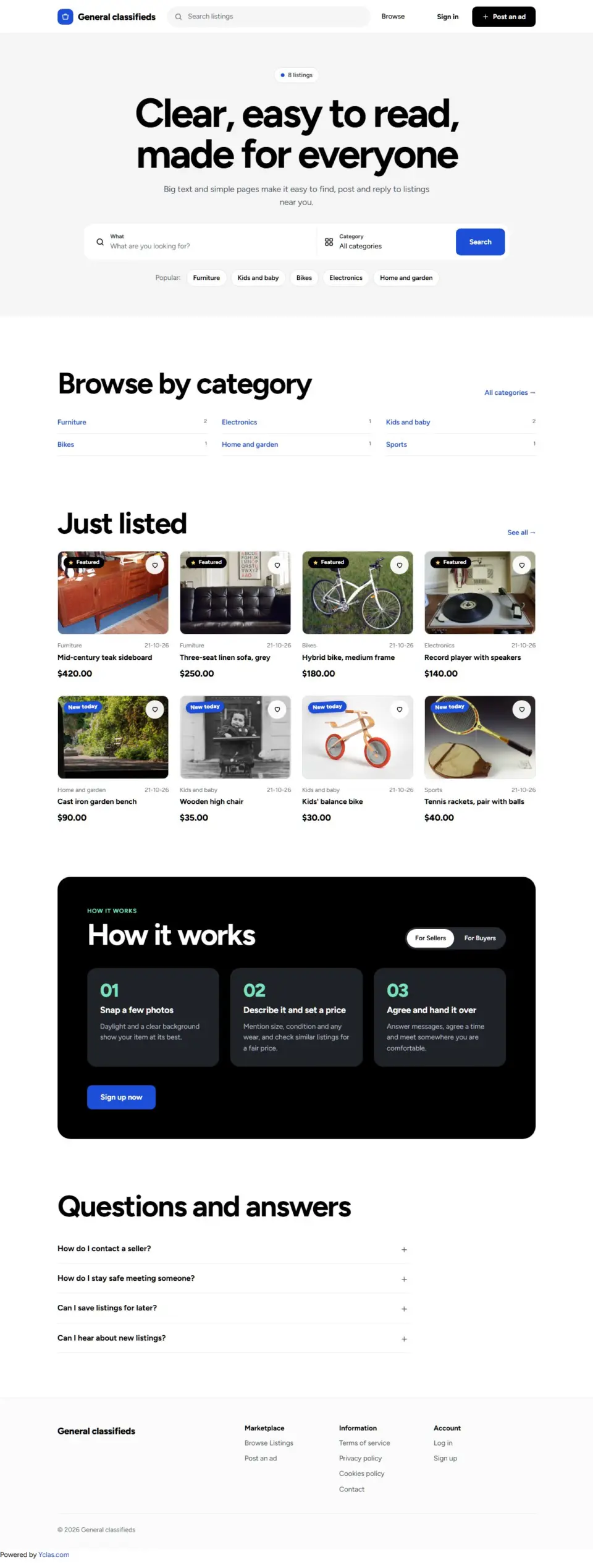 The Large Print template, home page filled in with sample listings