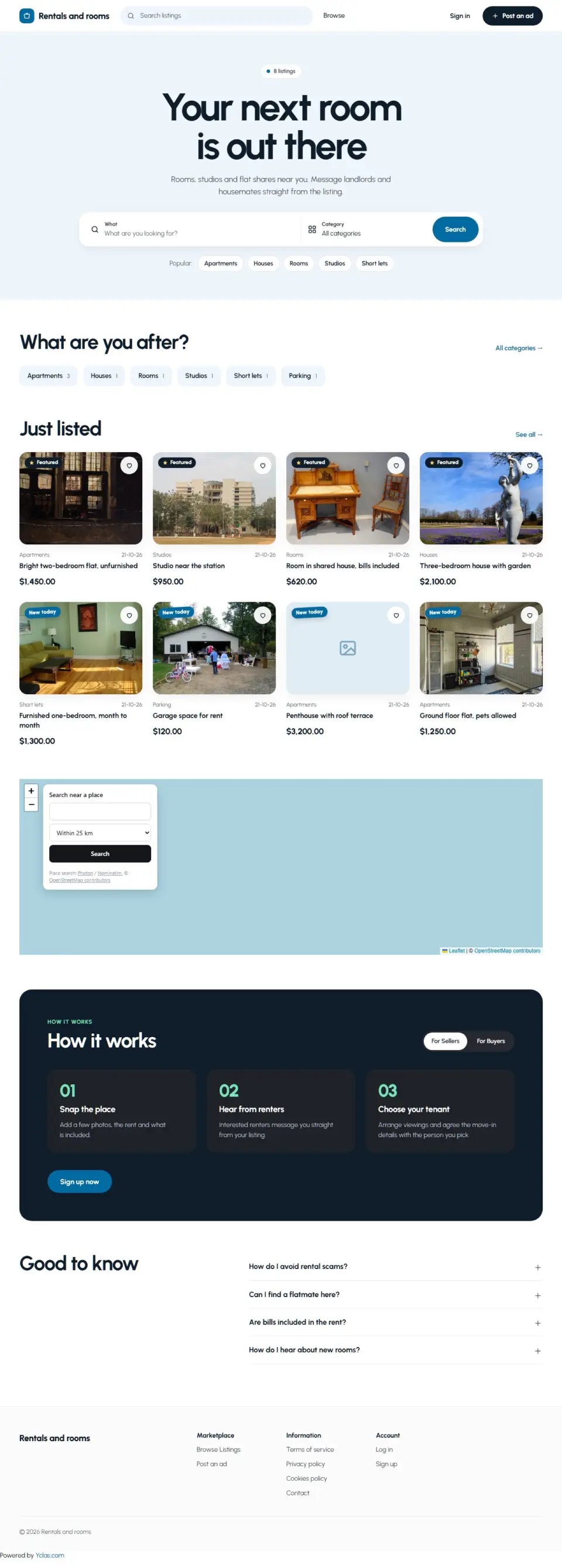 The Lettings template, home page filled in with sample listings