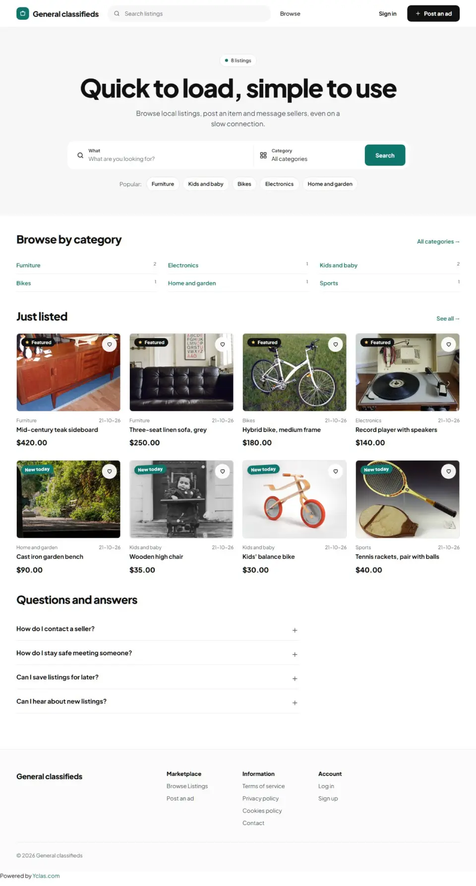 The Lite template, home page filled in with sample listings
