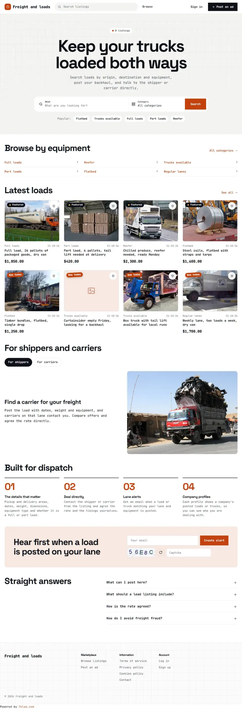 The Loadboard template, home page filled in with sample listings