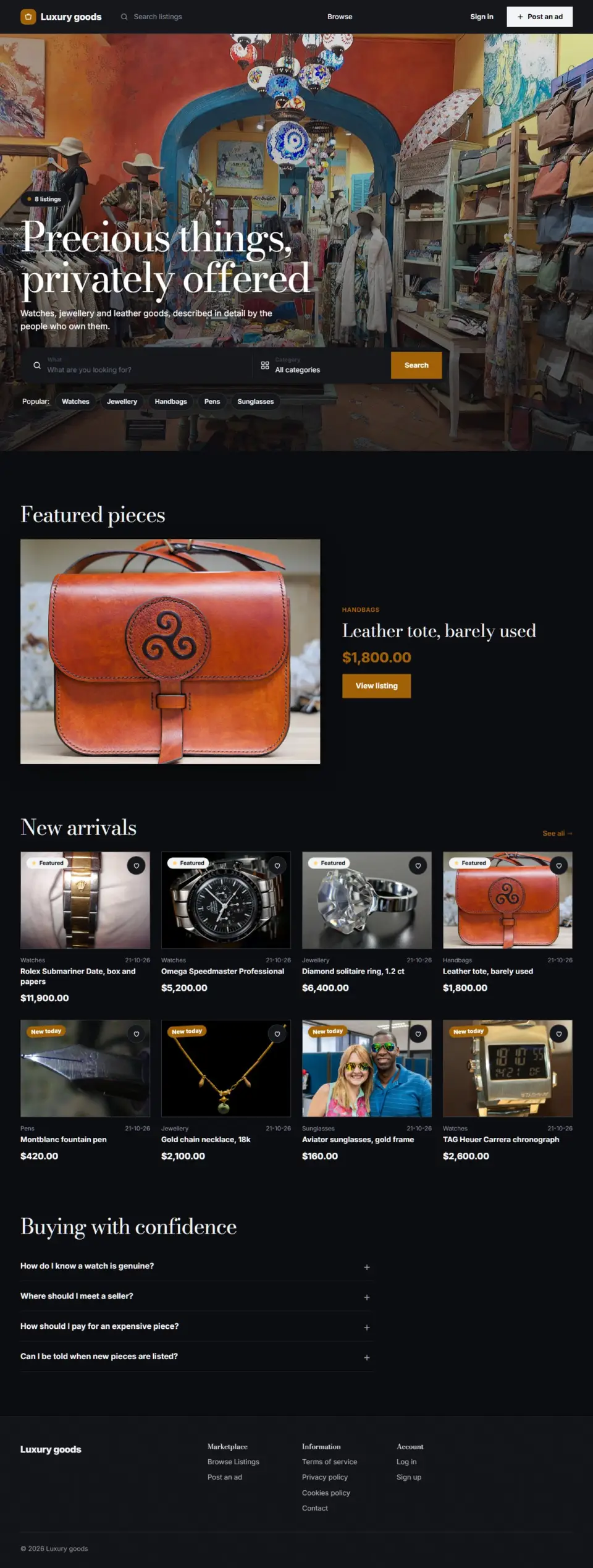 The Luxe template, home page filled in with sample listings