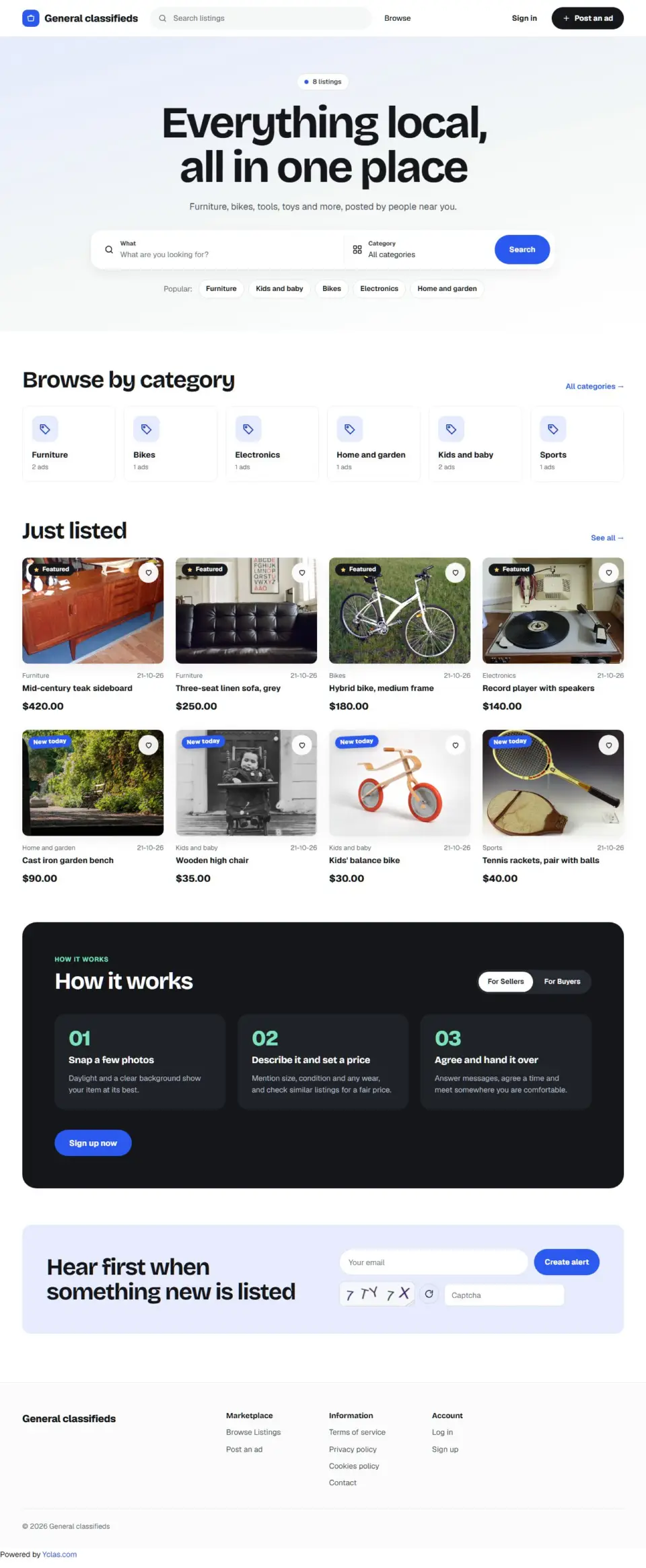 The Market template, home page filled in with sample listings