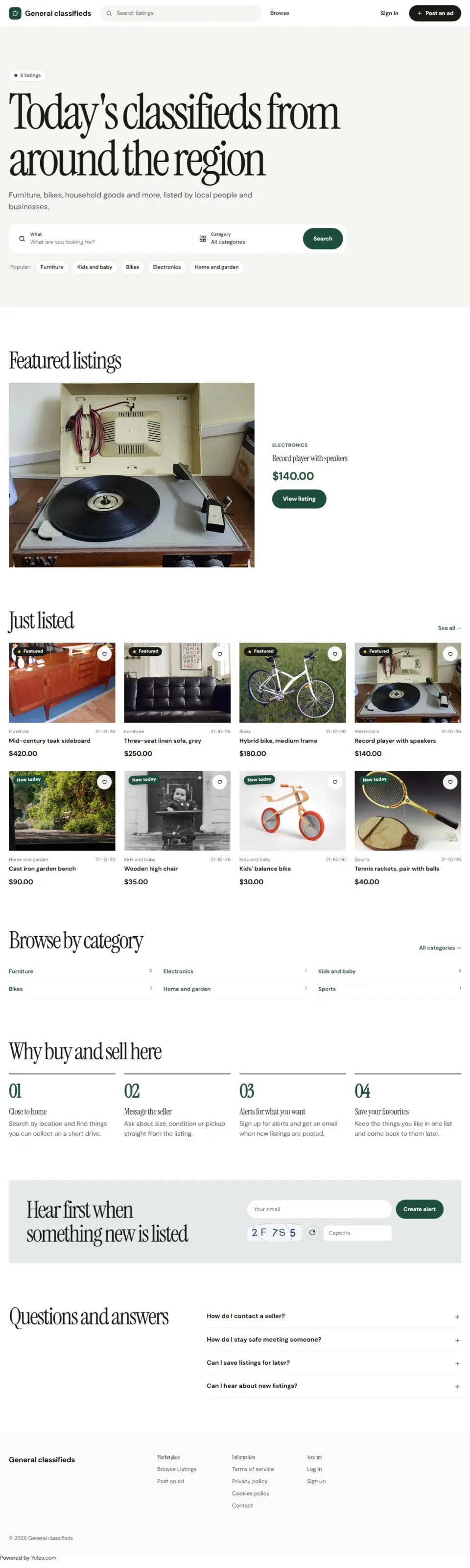The Masthead template, home page filled in with sample listings