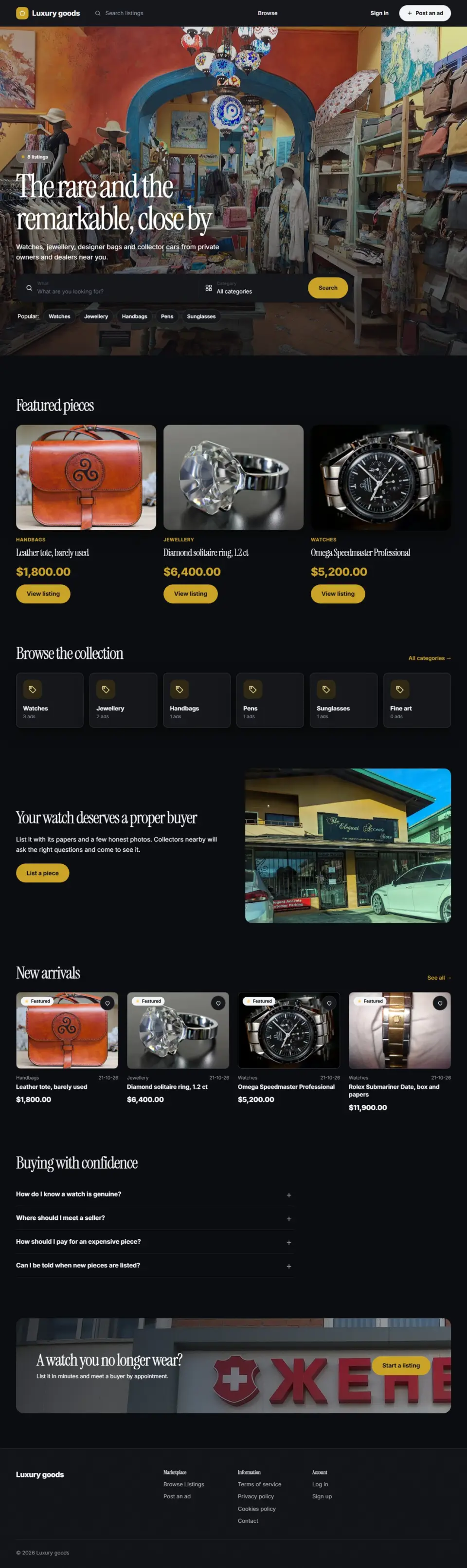 The Midnight template, home page filled in with sample listings