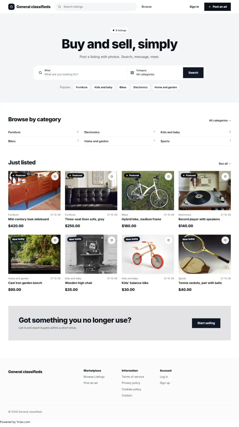 The Minimal template, home page filled in with sample listings