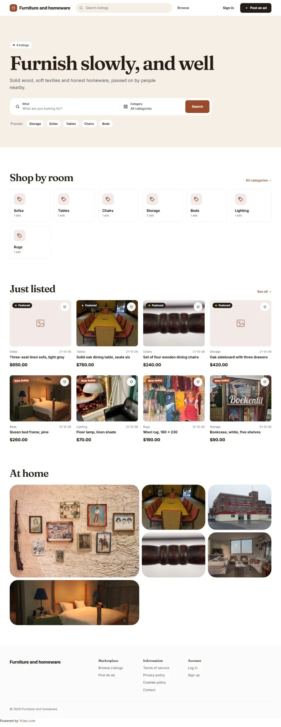 The Nest template, home page filled in with sample listings