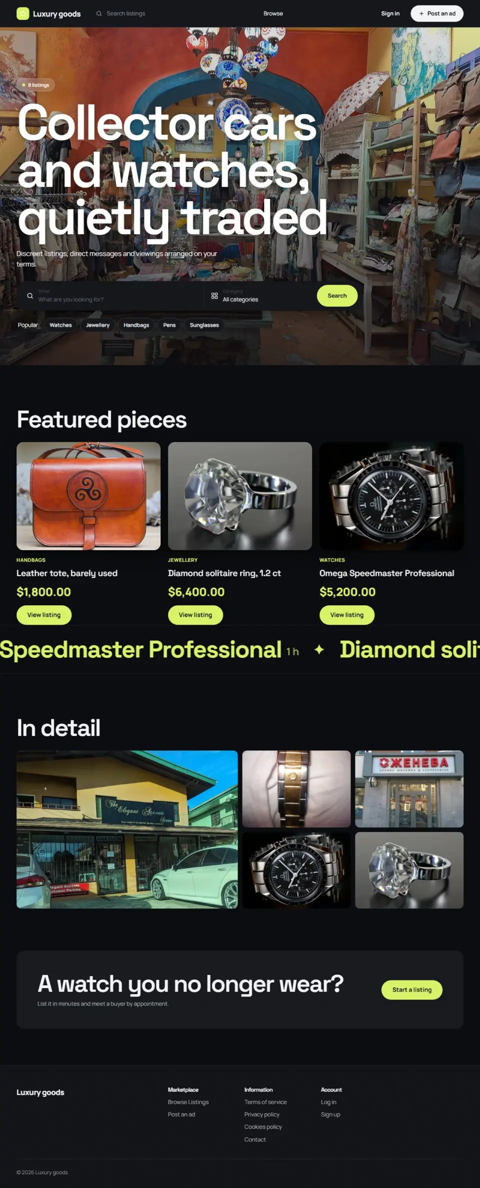 The Noir template, home page filled in with sample listings