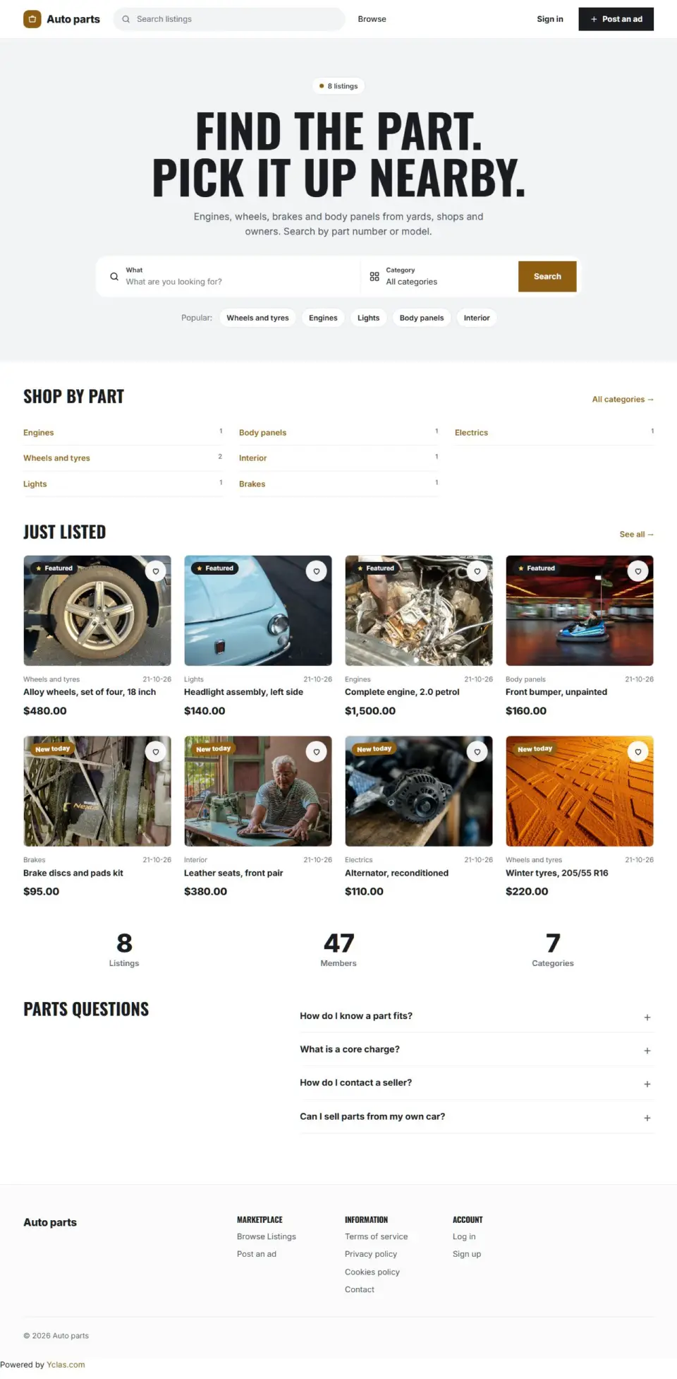 The Parts template, home page filled in with sample listings