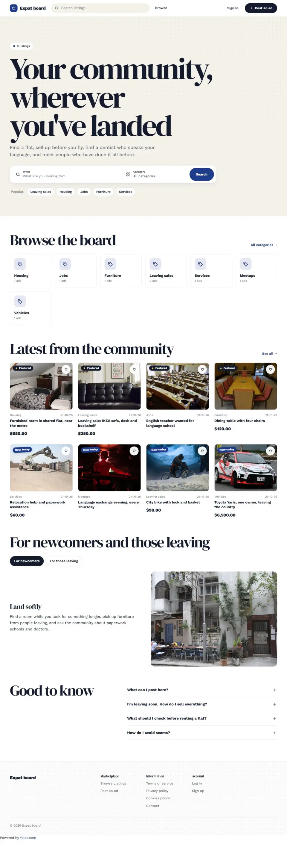 The Passport template, home page filled in with sample listings