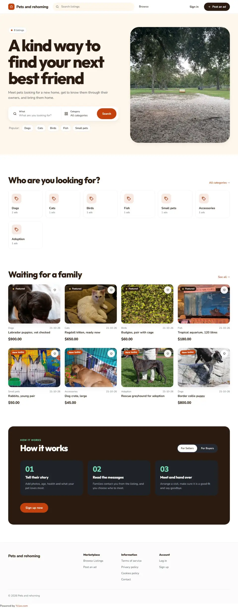 The Paws template, home page filled in with sample listings