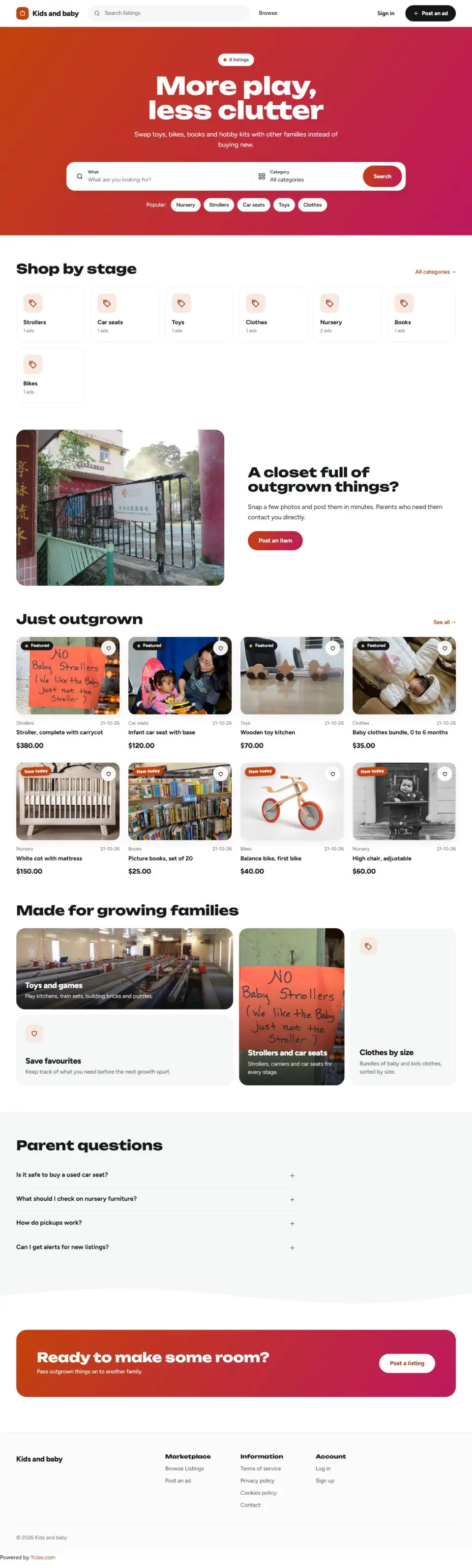 The Playful template, home page filled in with sample listings
