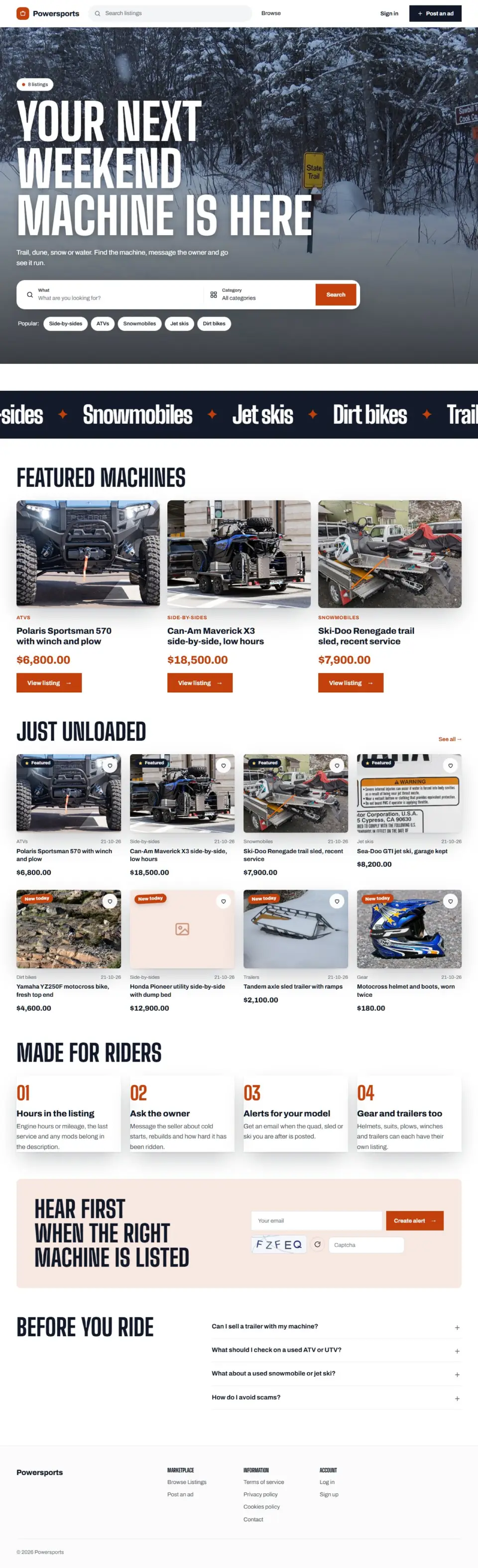 The Powersport template, home page filled in with sample listings