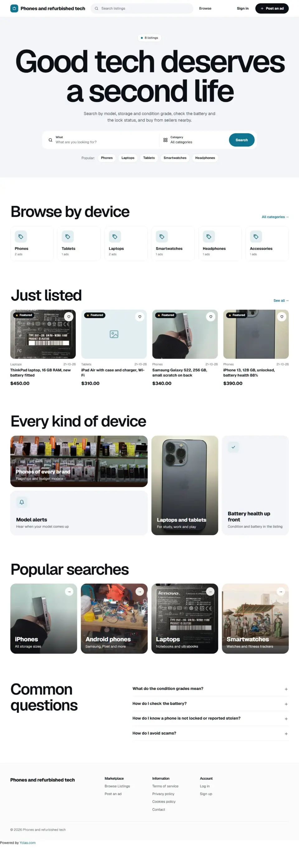 The Refurb template, home page filled in with sample listings