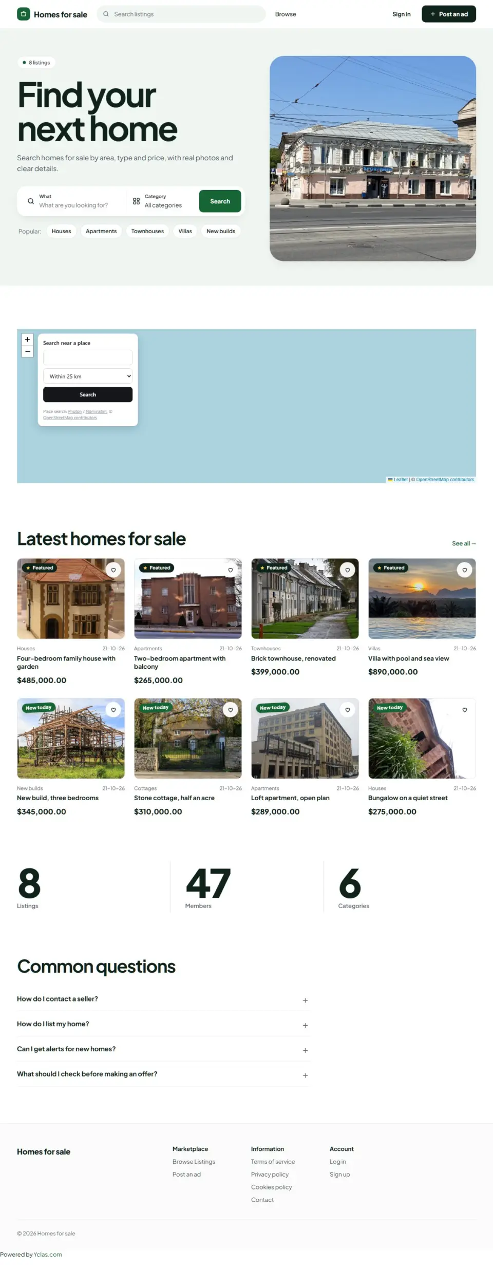 The Residence template, home page filled in with sample listings