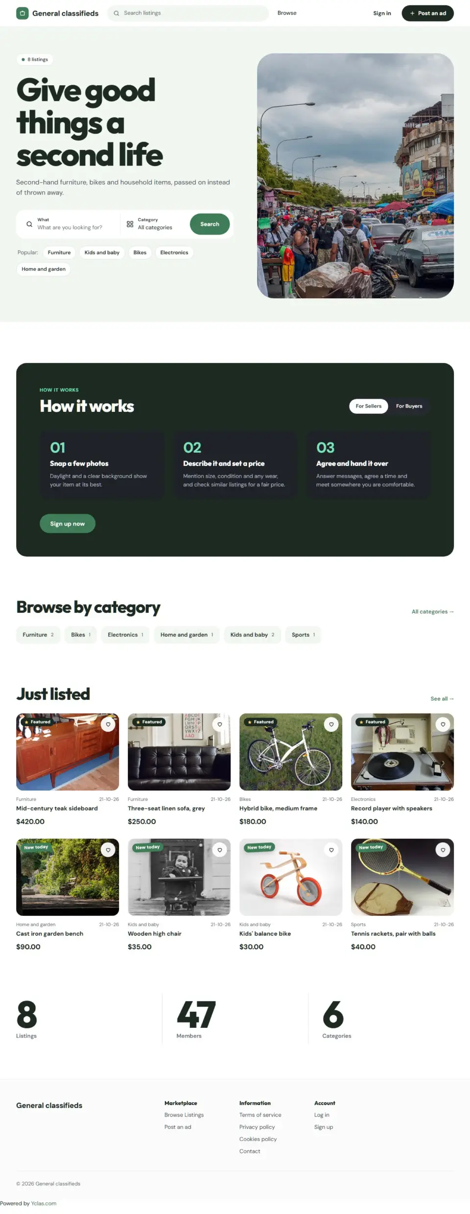 The Reuse template, home page filled in with sample listings