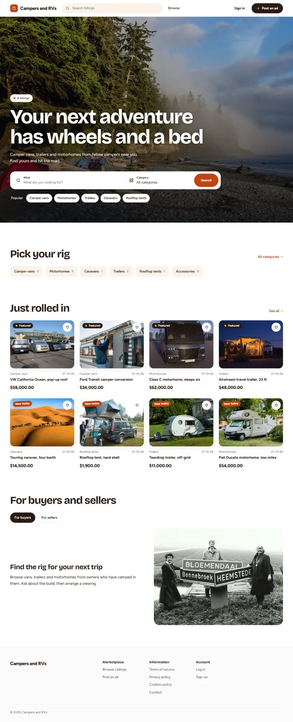 The Roadtrip template, home page filled in with sample listings
