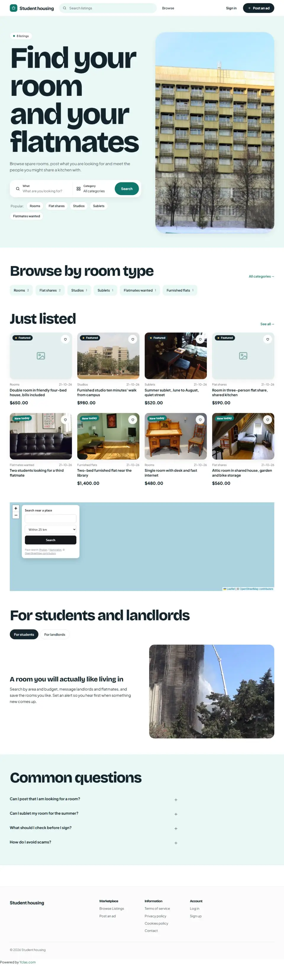 The Roomies template, home page filled in with sample listings