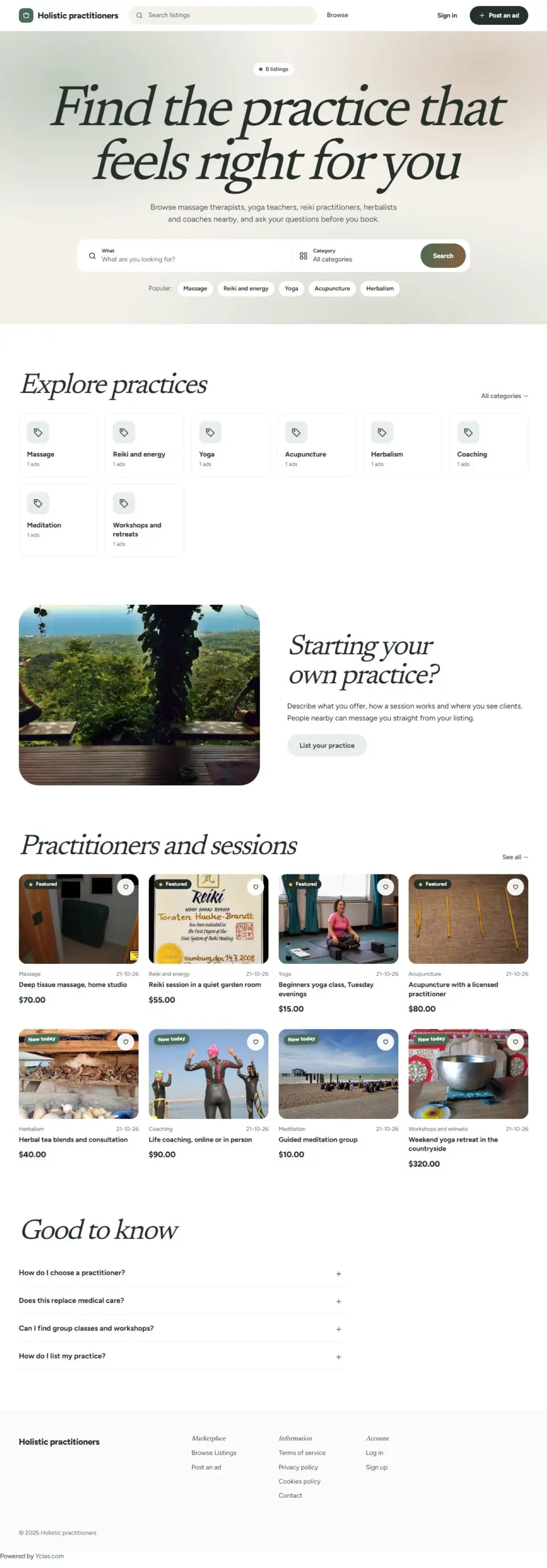 The Sanctuary template, home page filled in with sample listings
