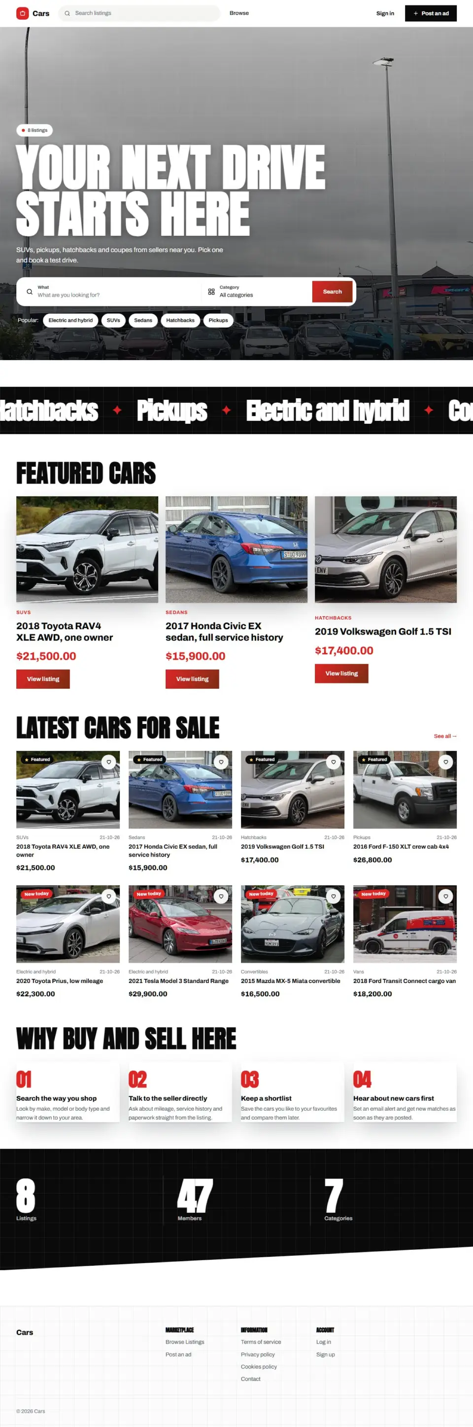 The Showroom template, home page filled in with sample listings