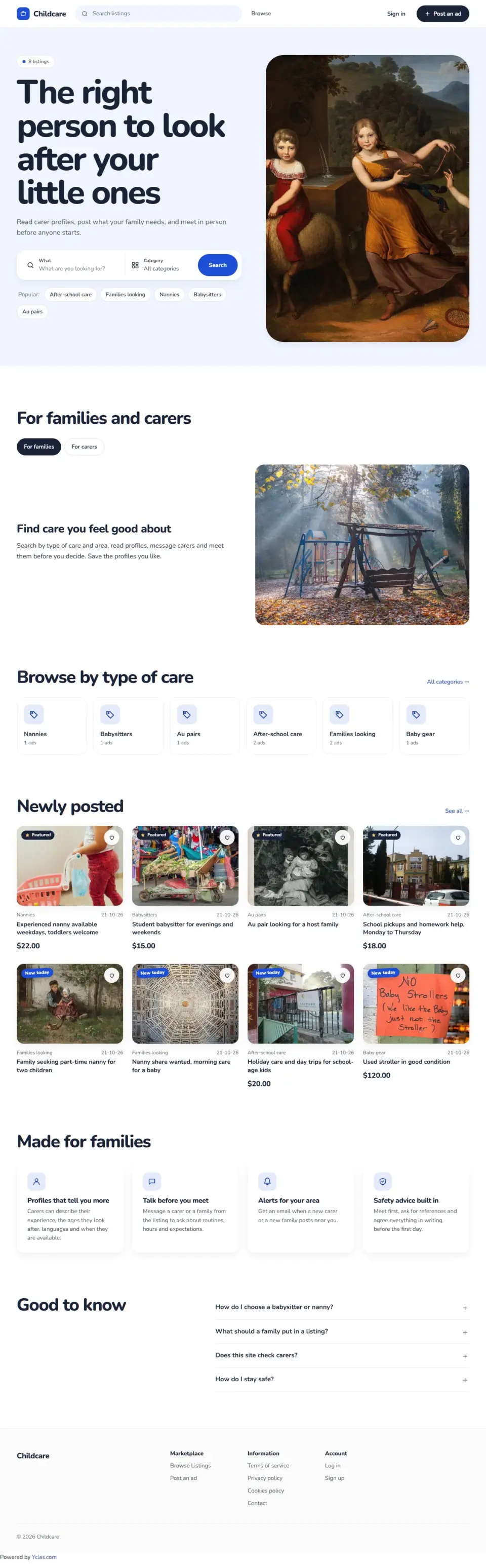 The Sitter template, home page filled in with sample listings
