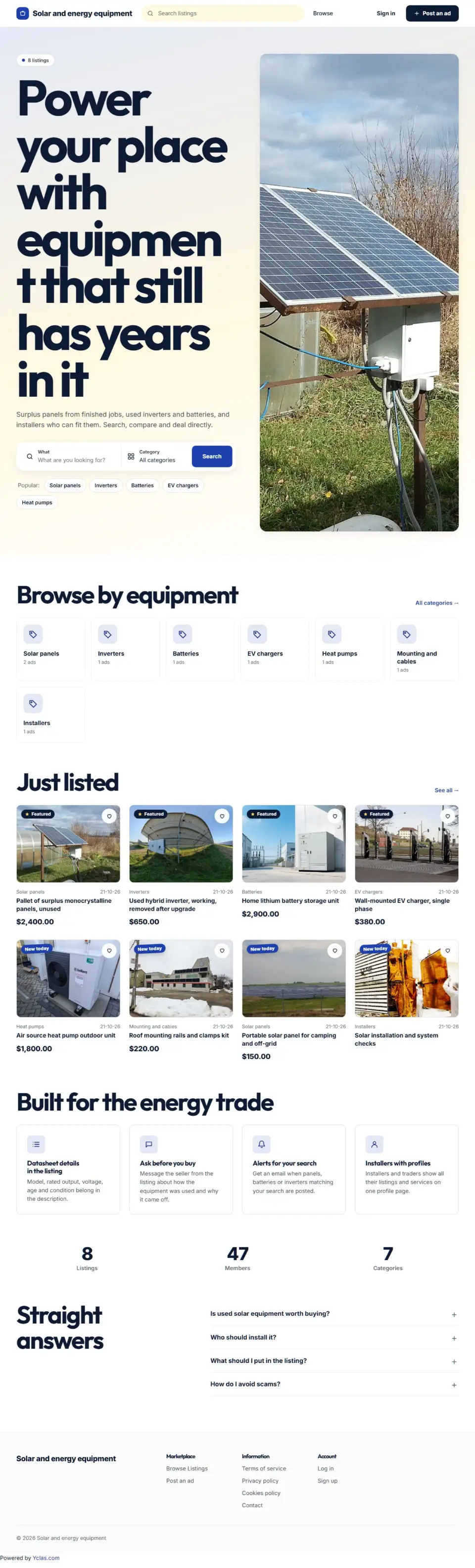 The Solstice template, home page filled in with sample listings