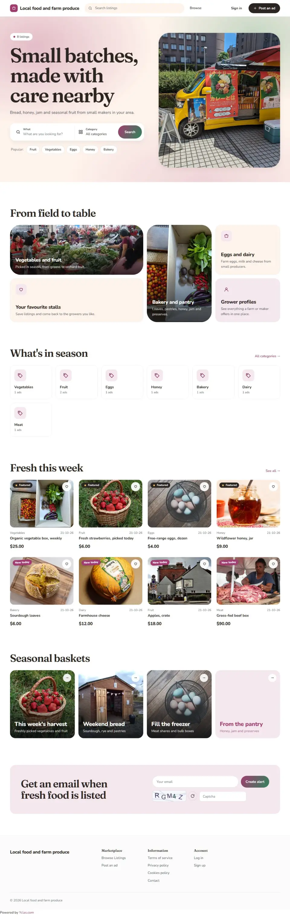 The Sorbet template, home page filled in with sample listings