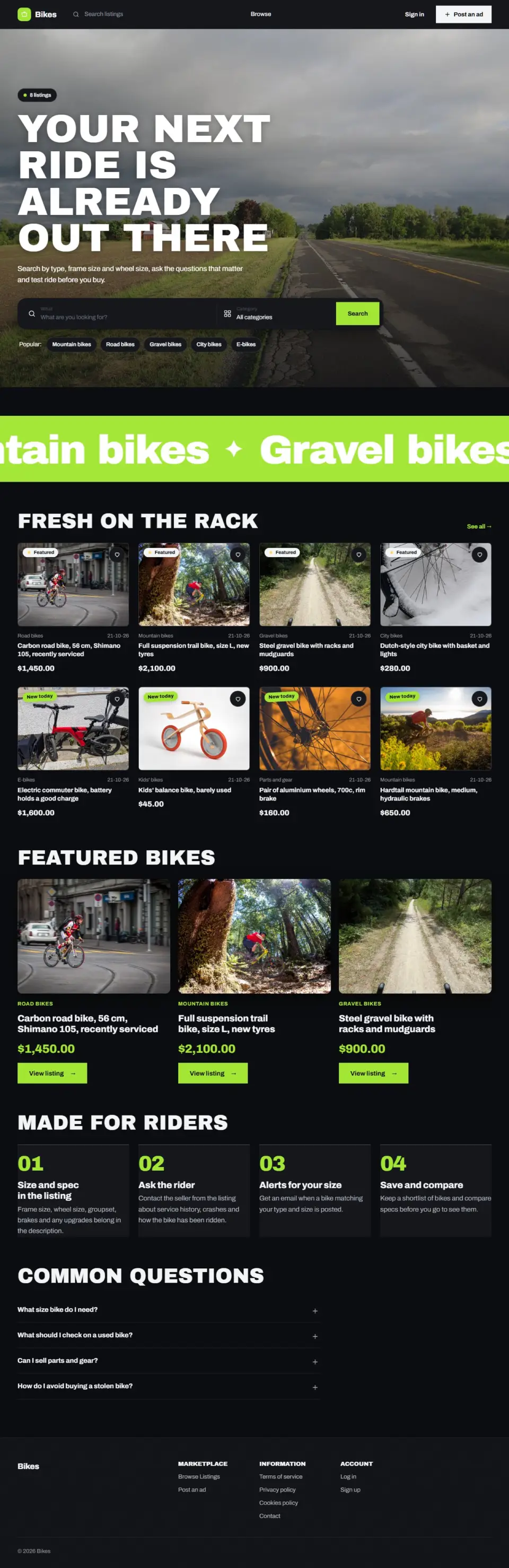 The Spoke template, home page filled in with sample listings