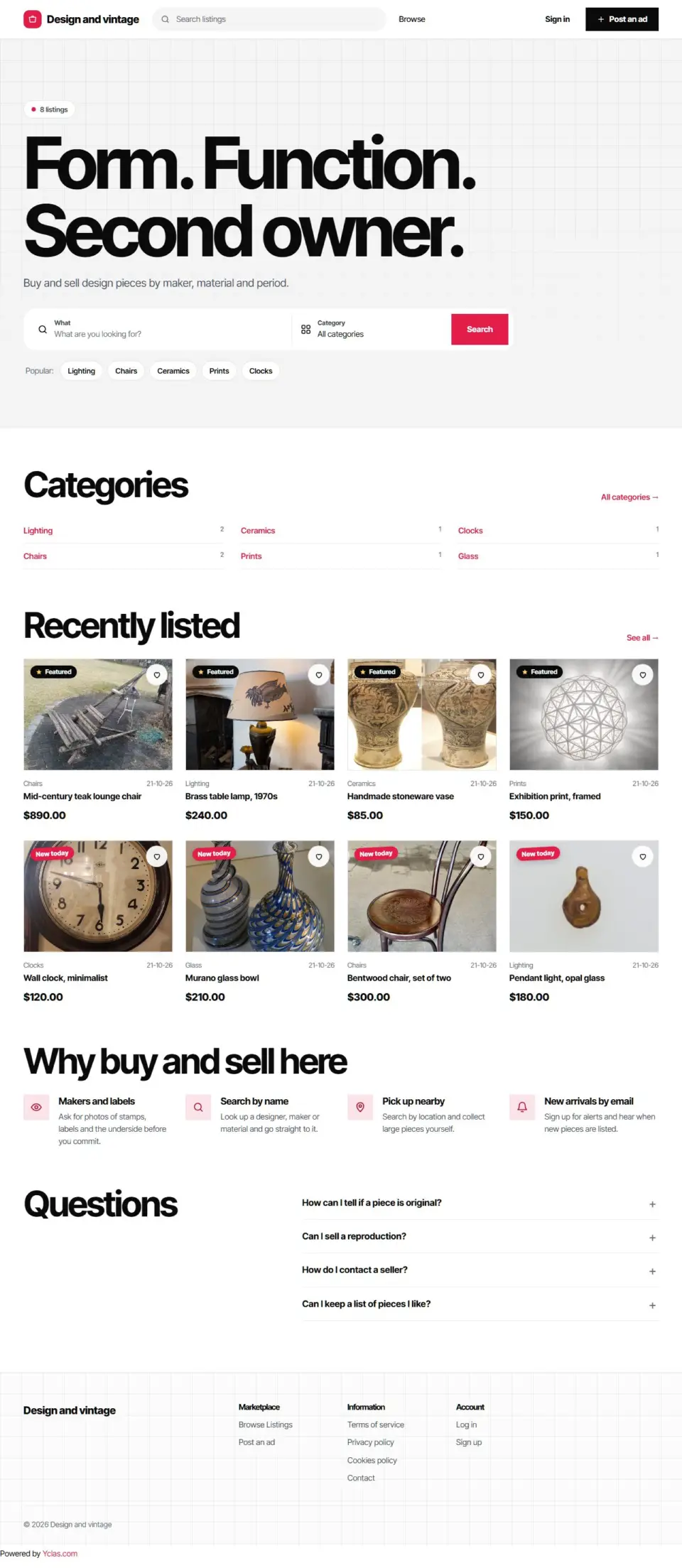 The Swiss template, home page filled in with sample listings