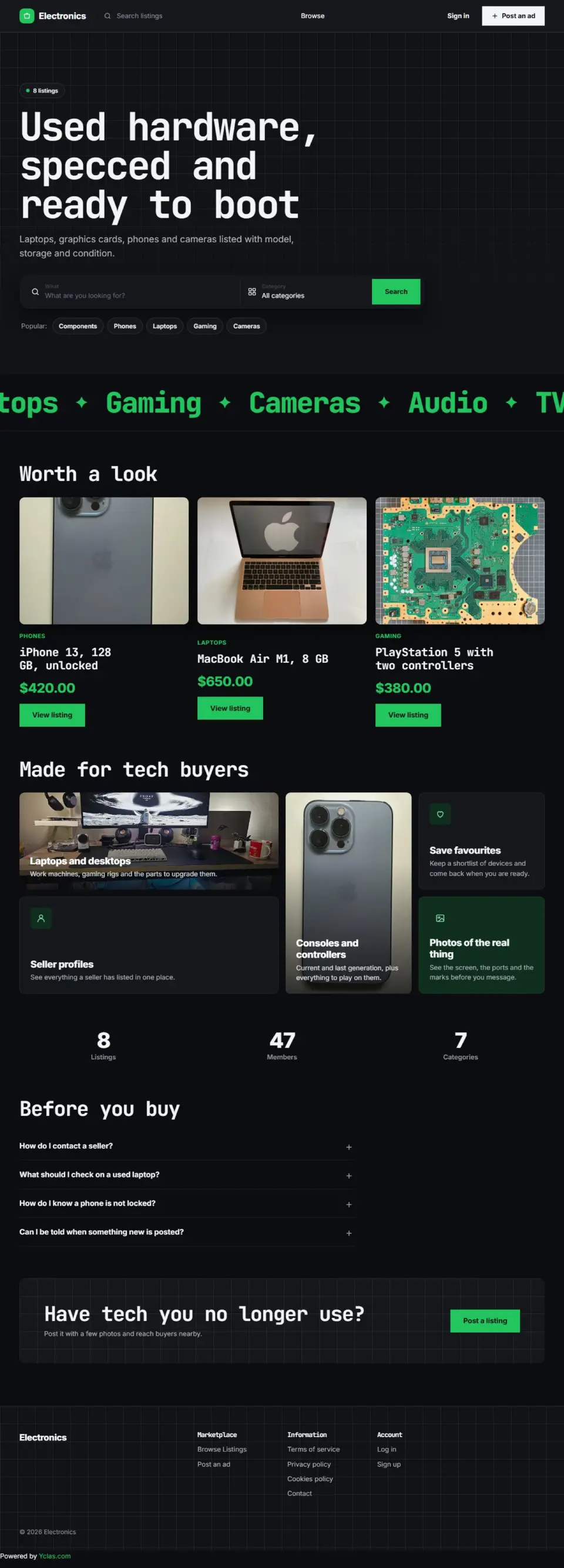 The Terminal template, home page filled in with sample listings
