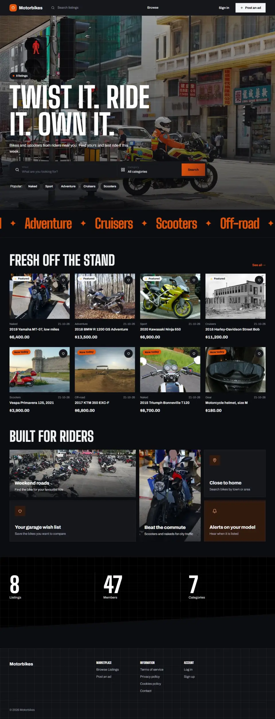 The Throttle template, home page filled in with sample listings