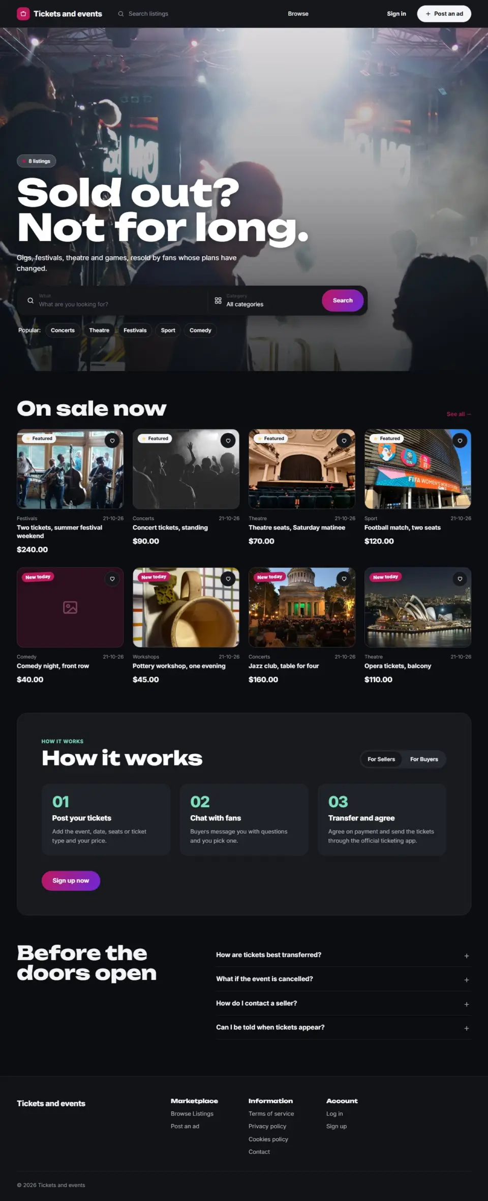 The Tickets template, home page filled in with sample listings