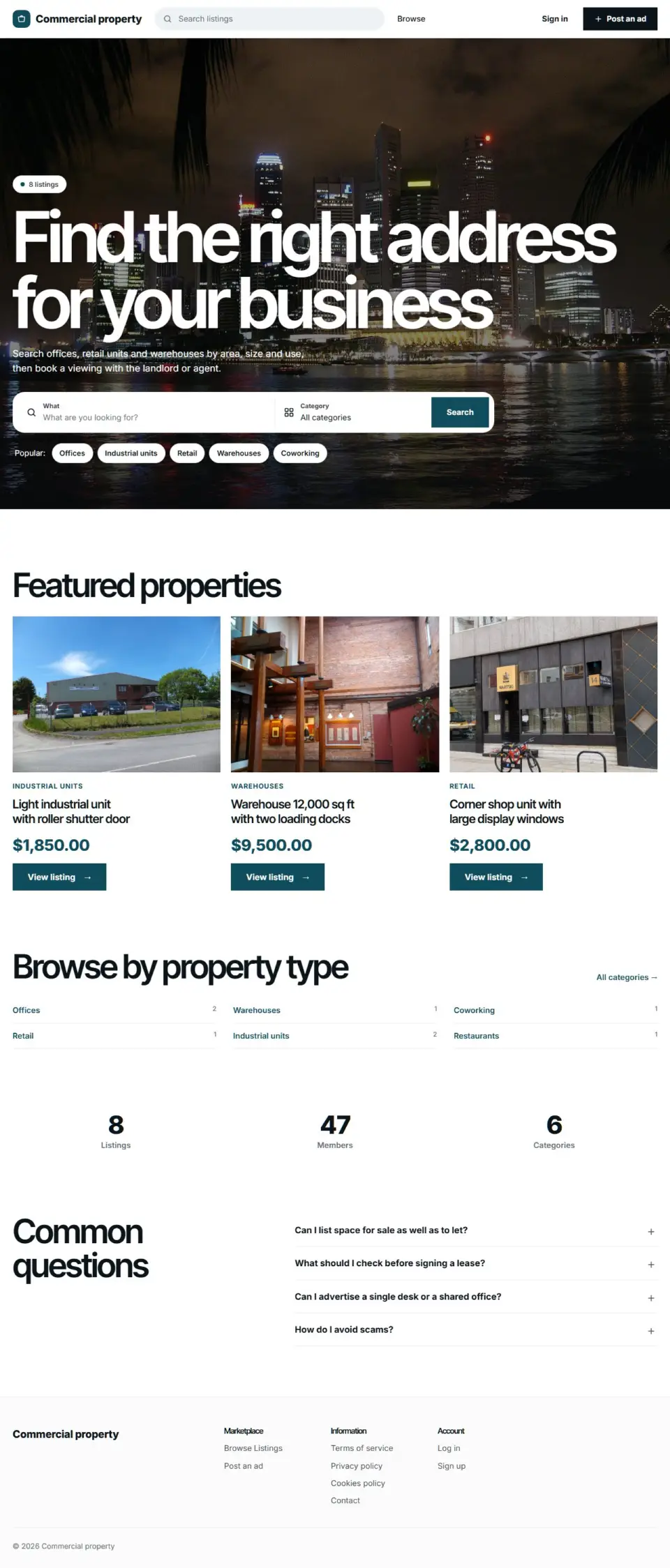 The Tower template, home page filled in with sample listings