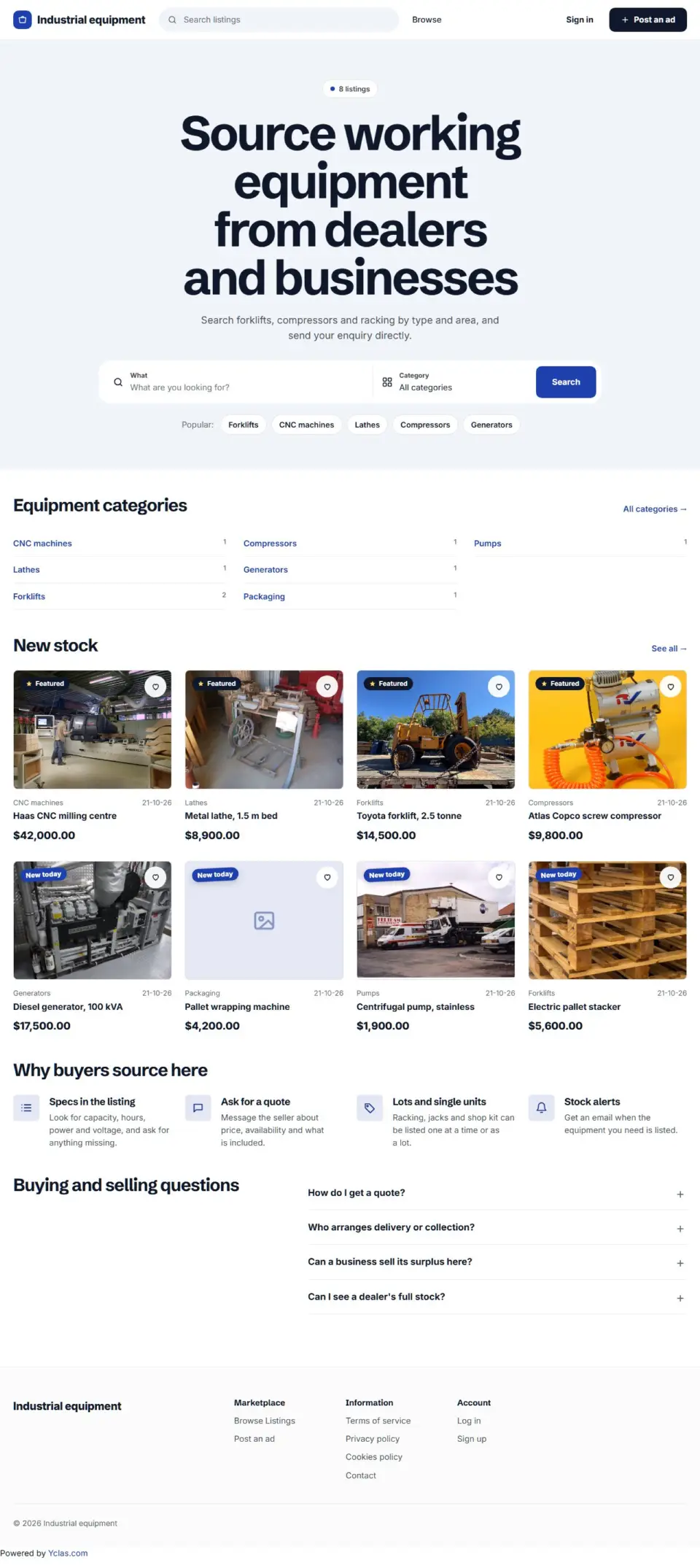 The Trader template, home page filled in with sample listings