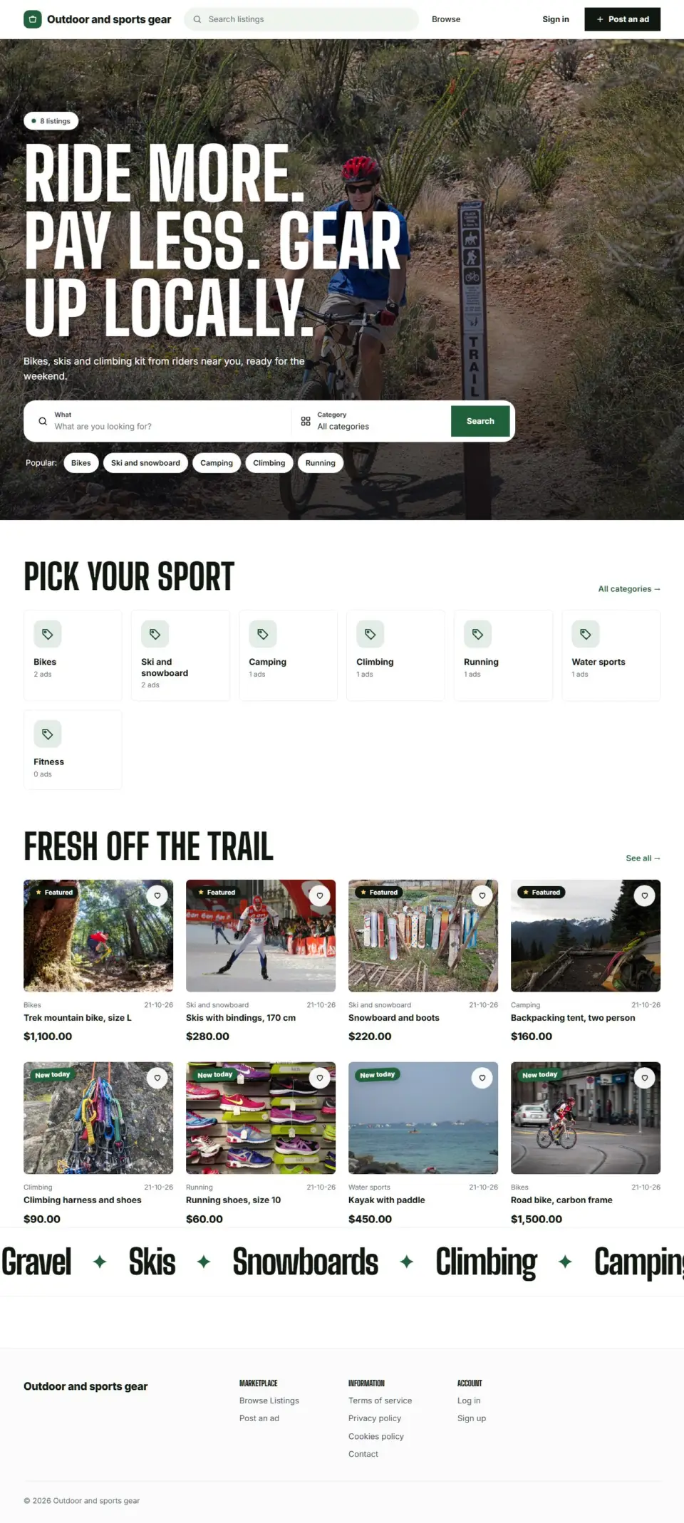 The Trailhead template, home page filled in with sample listings