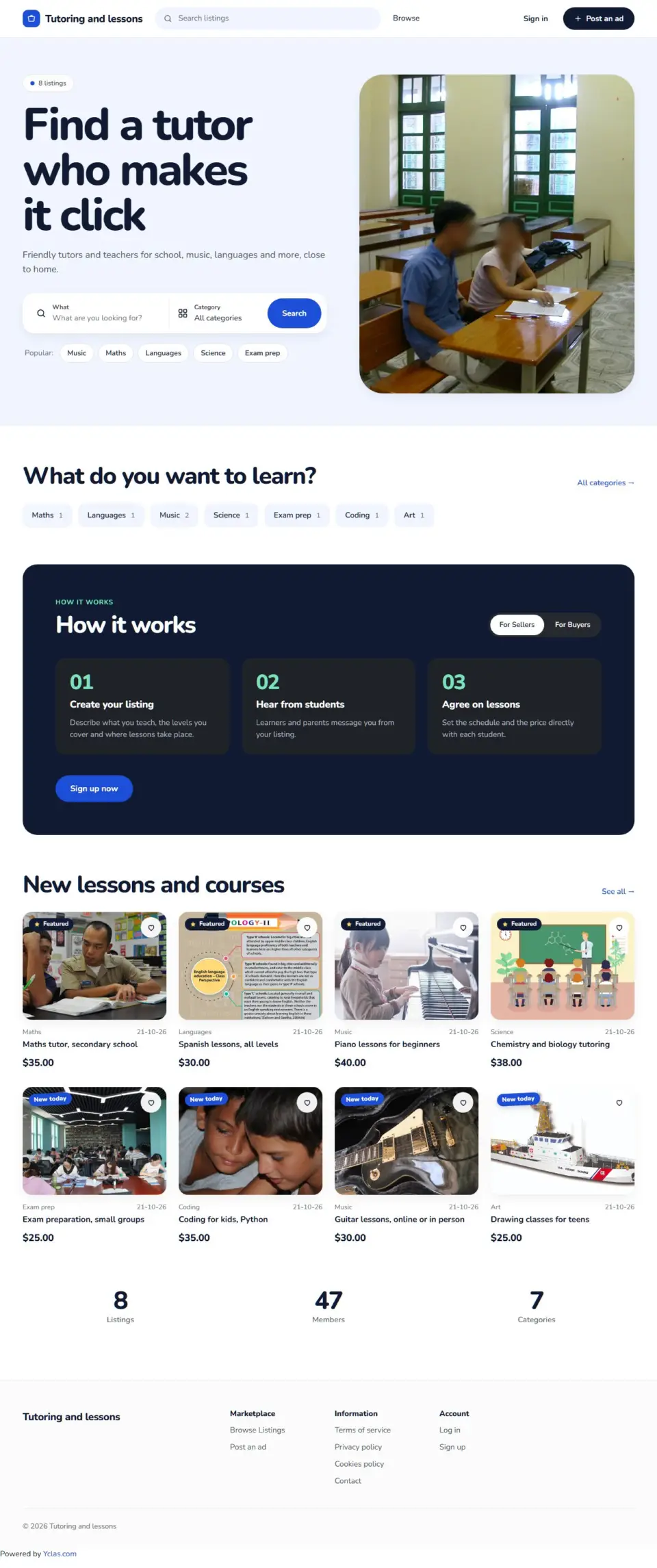 The Tutor template, home page filled in with sample listings
