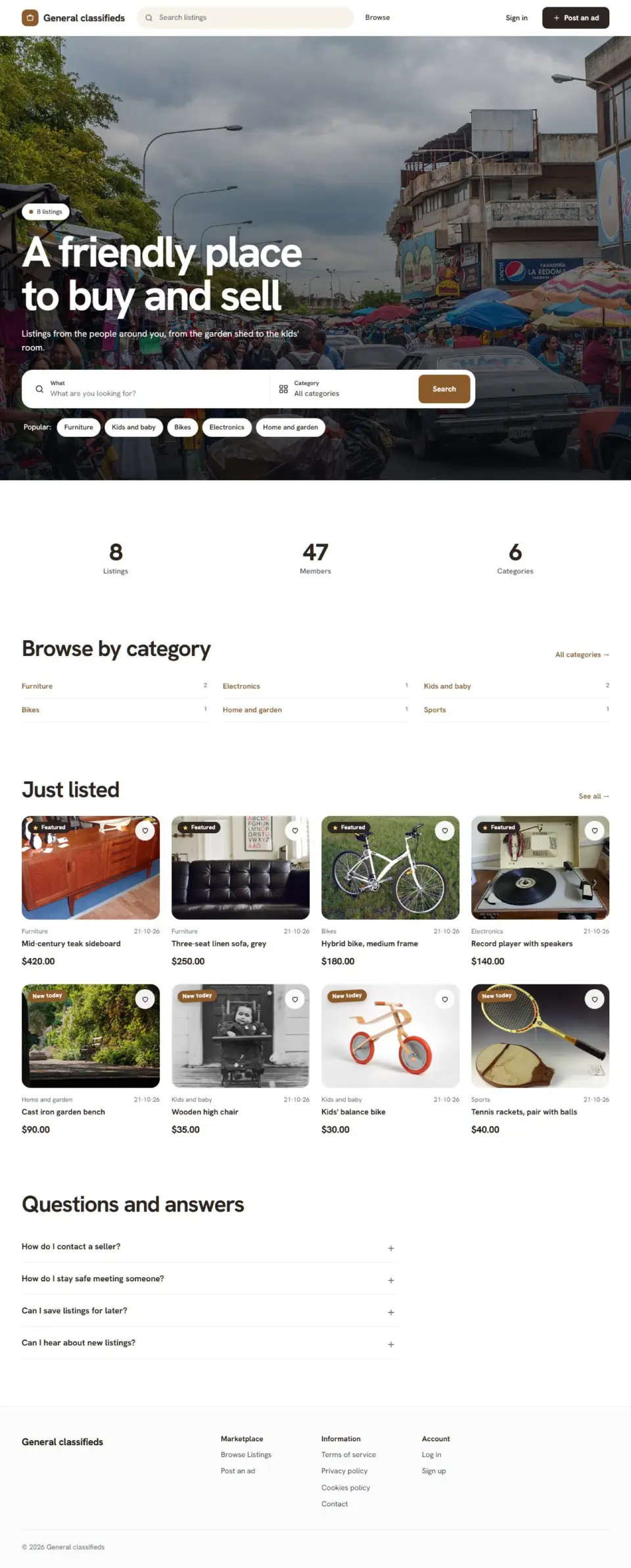 The Village template, home page filled in with sample listings