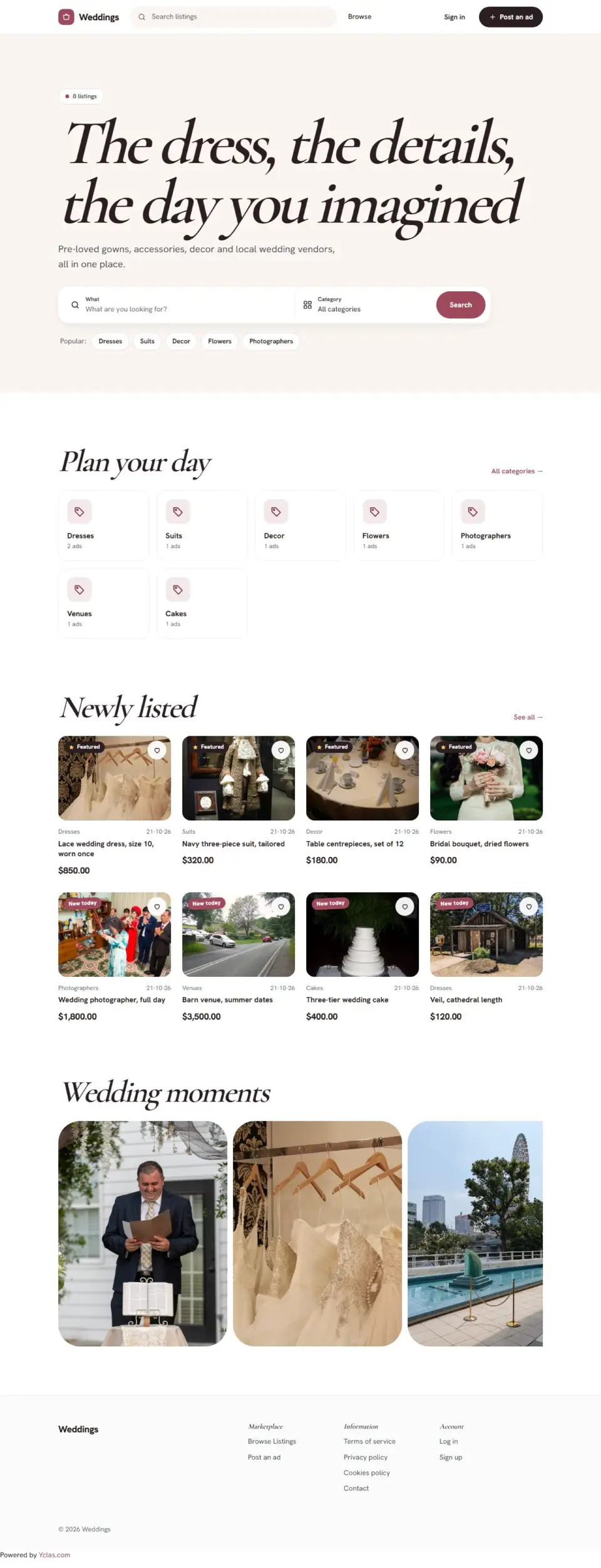The Vows template, home page filled in with sample listings