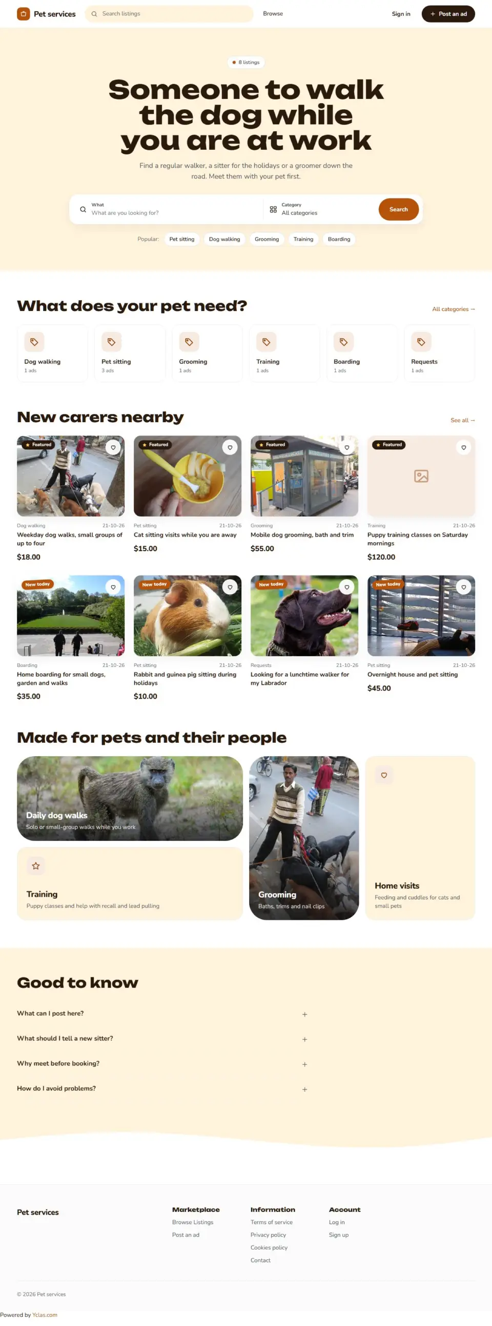 The Walkies template, home page filled in with sample listings