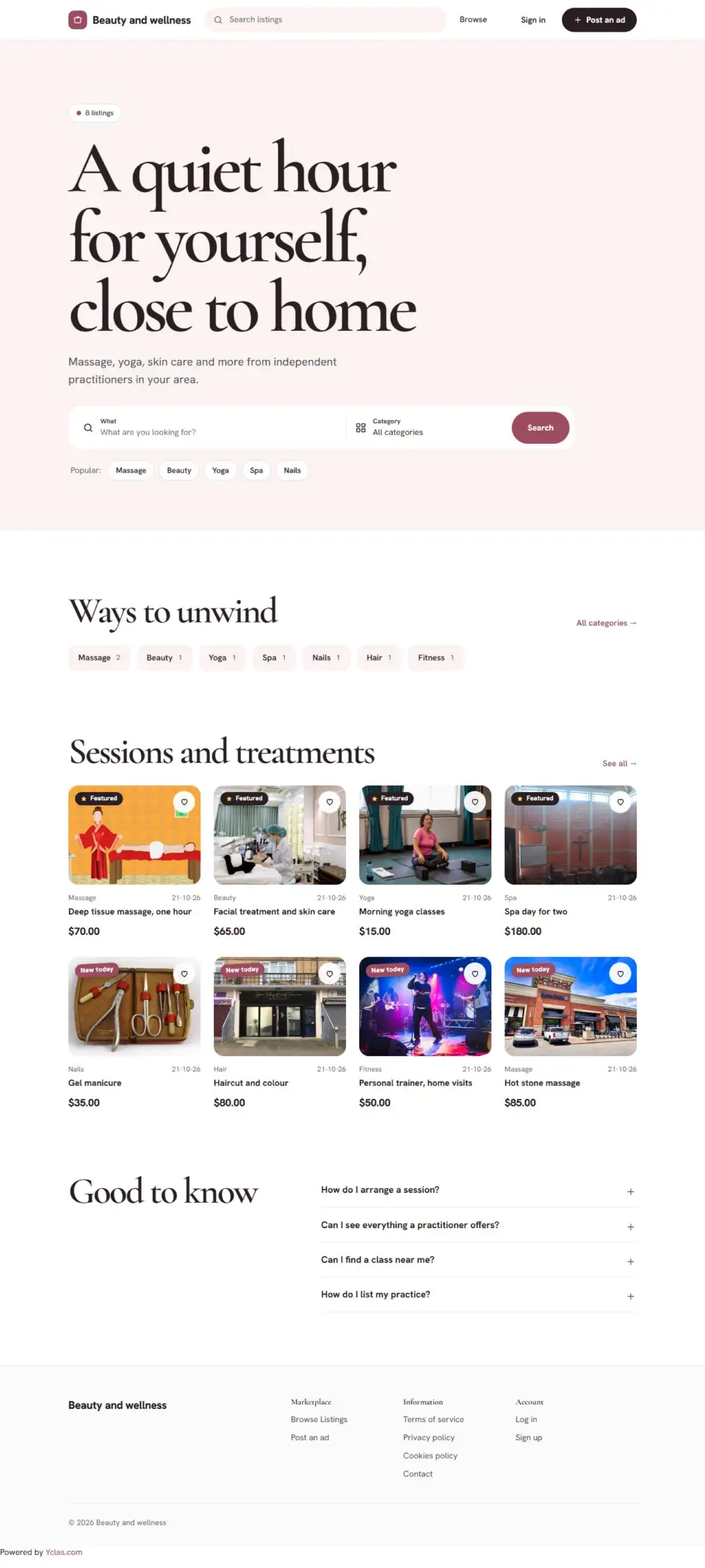 The Wellness template, home page filled in with sample listings