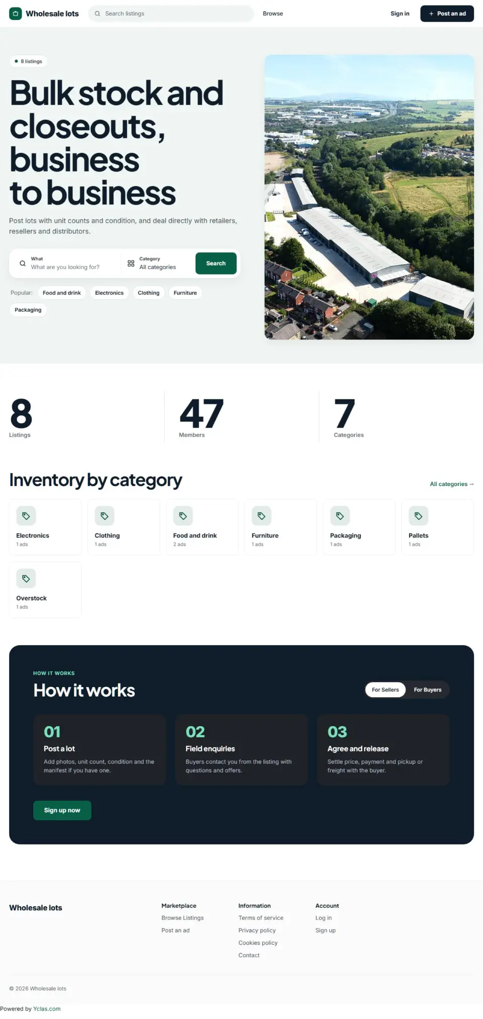 The Wholesale template, home page filled in with sample listings